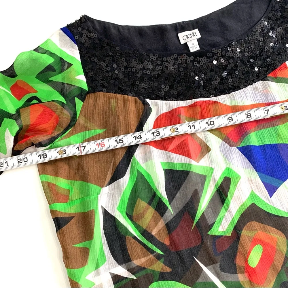 Cache Vintage Sequin Geometric Printed Sheer Silk Dress Size Small